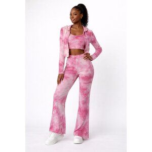 💖 NWT 3-Pc Pink Tie-Dye Lounge Set Ribbed Hoodie Cami Flare Pants S 💖